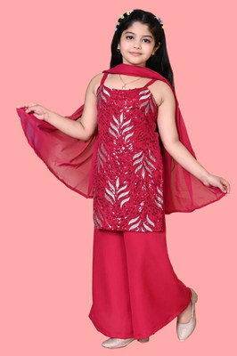 SPAMitude Girls Festive & Party Kurta and Palazzo Set(Red Pack of 1)