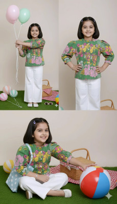 Pari Mahal Girls Casual Kurta and Palazzo Set(Green Pack of 1)
