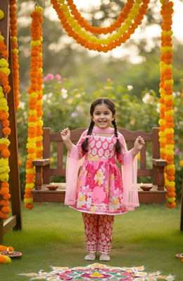 Pari Mahal Girls Festive & Party Kurta and Pyjama Set(Pink Pack of 1)