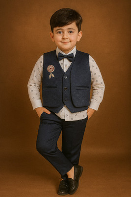 AnishkaFashion Boys Festive & Party, Wedding Shirt, Waistcoat and Pant Set(Blue Pack of 1)