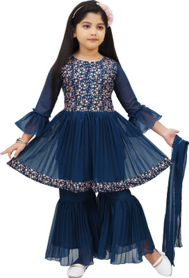BISAL Girls Festive & Party Angarkha and Sharara Set(Blue Pack of 1)