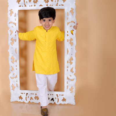 MoMaa Boys Festive & Party Kurta and Pyjama Set(Yellow Pack of 1)