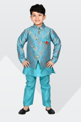 new gen Baby Boys Casual, Festive & Party, Wedding Kurta, Waistcoat and Pyjama Set(Light Blue Pack of 1)