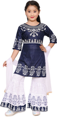 ZOMZOM FASHION Girls Festive & Party Kurta, Pyjama & Dupatta Set(Blue Pack of 1)