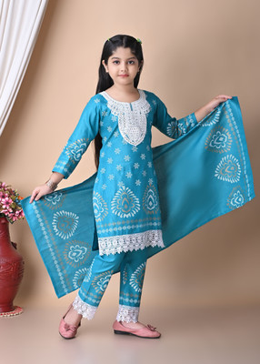 TIKTOK FASHION Girls Festive & Party Kurta, Churidar & Dupatta Set(Light Blue Pack of 1)