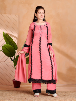 Yk Girls Festive & Party Kurta and Trouser Set(Red Pack of 1)