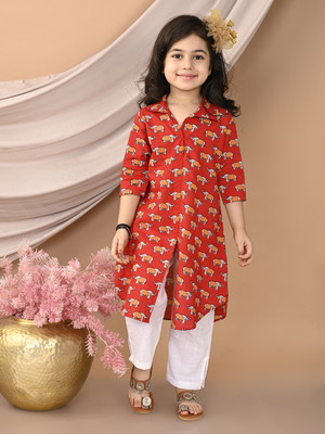 Kinder Kids Girls Casual Kurta and Pyjama Set(Red Pack of 1)