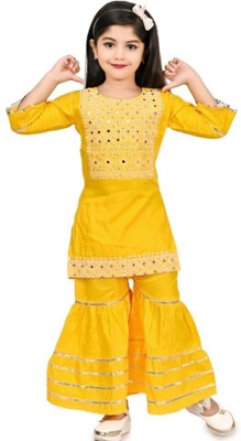 Zenat Girls Festive & Party Angarkha and Sharara Set(Yellow Pack of 1)