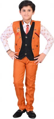 Navkaar traders Boys Festive & Party Shirt, Waistcoat and Pant Set(Orange Pack of 1)