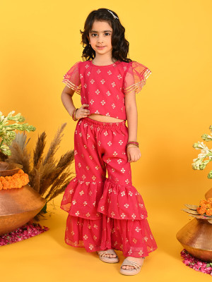 Saka Designs Girls Festive & Party Kurta and Palazzo Set(Pink Pack of 1)