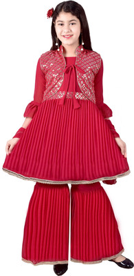AYUB FASHIONN Girls Festive & Party Ethnic Jacket, Kurta and Palazzo Set(Red Pack of 4)