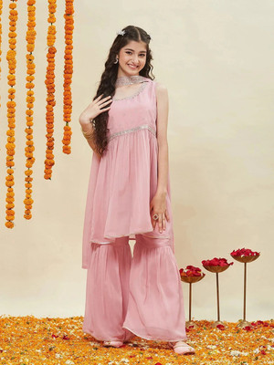 Curly Tales Girls Festive & Party Kurta and Sharara Set(Pink Pack of 1)