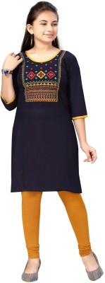 MUHURATAM Girls Embroidered Straight Kurta(Dark Blue)