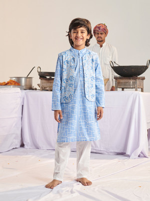 Pspeaches Boys Festive & Party Kurta and Pyjama Set(Blue Pack of 1)