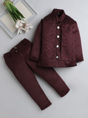Fourfolds Boys Festive & Party Blazer and Pant Set(Maroon Pack of 1)