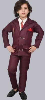 AJ STYLES Boys Festive & Party, Wedding Blazer, Shirt and Trouser Set(Maroon Pack of 1)