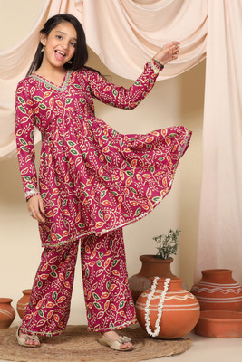 Sangria Girls Festive & Party Kurta and Pyjama Set(Pink Pack of 1)