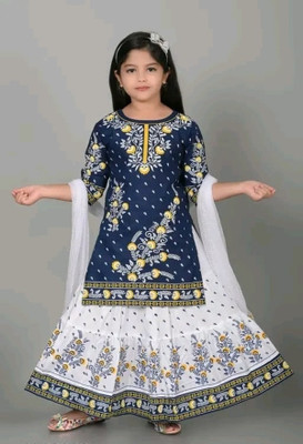 Hipposippo Girls Festive & Party Kurta and Skirt Set(Blue Pack of 1)