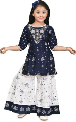 Suhana Kolkata Girls Festive & Party Kurta and Palazzo Set(Dark Blue Pack of 1)