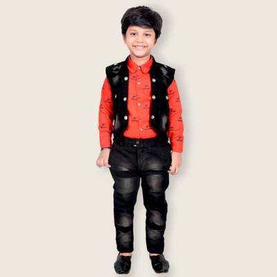 TAPODHANI Boys Festive & Party Shirt, Waistcoat and Pant Set(Red Pack of 1)