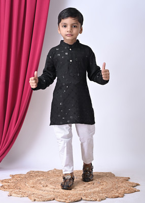 SEGNETURE Boys Festive & Party Kurta and Pyjama Set(Black Pack of 1)