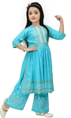 Zenat Girls Festive & Party Kurta and Palazzo Set(Light Blue Pack of 1)