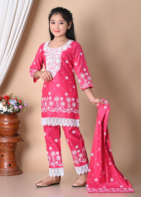 ECREATION Girls Festive & Party Kurta and Churidar Set(Pink Pack of 1)