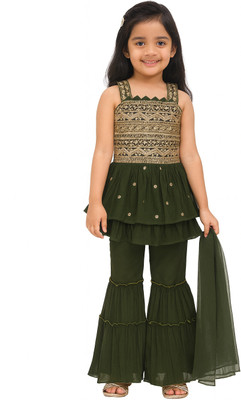 FFION Girls Festive & Party, Casual, Wedding Kurta and Sharara Set(Green Pack of 1)