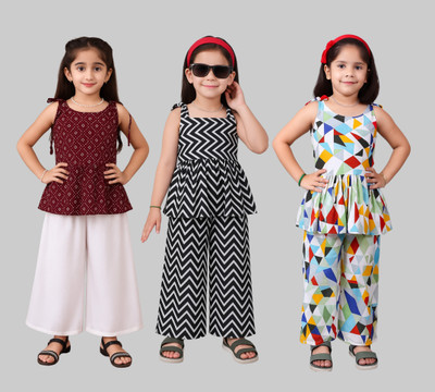 pj fashion Girls Festive & Party Kurta and Palazzo Set(Multicolor Pack of 3)