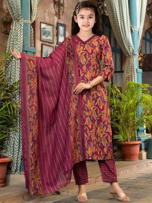 Mitukart Girls Casual Kurta and Dupatta Set(Maroon Pack of 1)