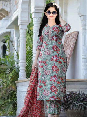 Various Vault Girls Casual Kurta, Churidar & Dupatta Set(Blue Pack of 1)