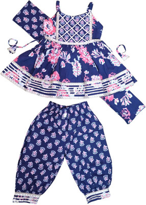 AHAANCREATION Baby Girls Festive & Party Kurta and Trouser Set(Blue Pack of 1)