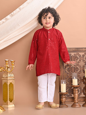Superminis Boys Festive & Party Kurta and Pyjama Set(Maroon Pack of 1)