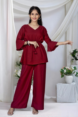 JMCLOTH Girls Casual Kurta and Palazzo Set(Maroon Pack of 1)