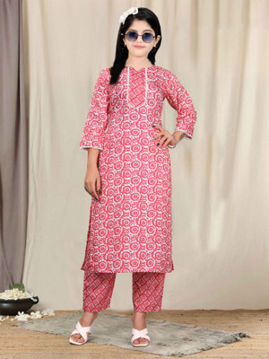 SATVASHIV Girls Festive & Party, Casual Kurta and Pyjama Set(Orange Pack of 1)