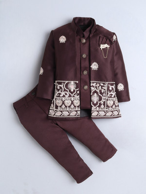 Fourfolds Boys Wedding Sherwani and Churidar Set(Maroon Pack of 1)