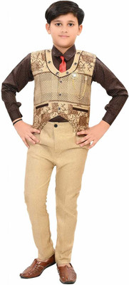 SSJ FASHION Boys Festive & Party, Wedding Shirt, Waistcoat and Pant Set(Beige Pack of 1)