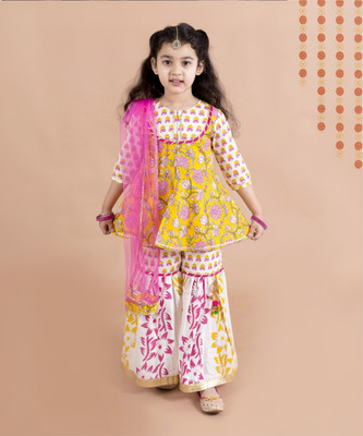 Pspeaches Girls Festive & Party Kurta, Pyjama & Dupatta Set(Yellow Pack of 1)