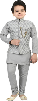 BT DEZINES Boys Festive & Party Kurta, Waistcoat and Pyjama Set(Grey Pack of 1)