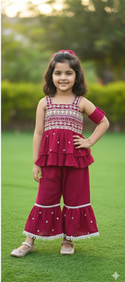 MK LASKAR FASHION Baby Girls Festive & Party Kurta, Pyjama & Dupatta Set(Pink Pack of 1)