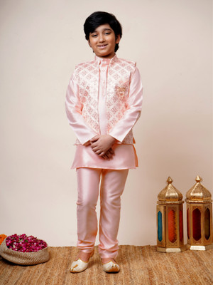 BT DEZINES Boys Festive & Party, Wedding Kurta, Waistcoat and Pyjama Set(Pink Pack of 1)