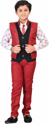 Deva Creation Boys Festive & Party, Wedding Blazer, Shirt and Trouser Set(Red Pack of 3)