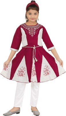 BURBN Girls Festive & Party Kurti and Legging Set(Maroon Pack of 1)