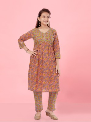 Sangria Girls Floral Print Flared Kurta(Orange)