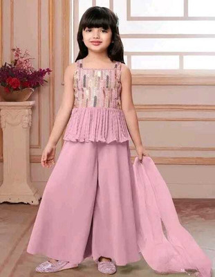 Tulsi Creation Girls Wedding Kurta and Palazzo Set(Pink Pack of 1)