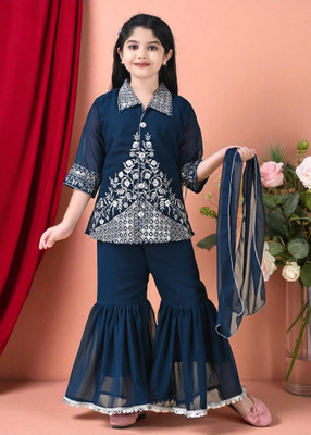 S SOYAIB DRESSES Girls Wedding Kurta, Pyjama & Dupatta Set(Blue Pack of 1)