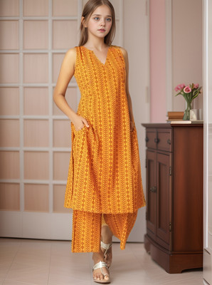 KRASRENAR Girls Casual Kurta and Pyjama Set(Yellow Pack of 1)