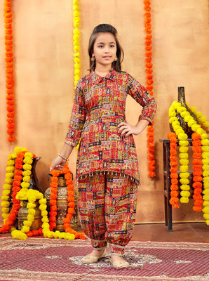 Sangria Girls Festive & Party Kurta and Patiala Set(Red Pack of 1)