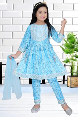 BISAL Girls Festive & Party Kurta, Pyjama & Dupatta Set(Light Blue Pack of 1)