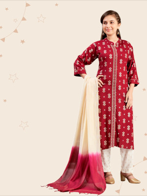 Kidotsav Girls Festive & Party Kurta and Trouser Set(Maroon Pack of 1)